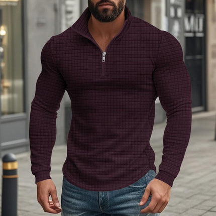 Men's Long Sleeve T-Shirt | Half-Zip Stand Collar | Small Square Pattern | Modern Style | Breathable Fabric | Comfortable Fit | Versatile Layering | Casual & Smart-Casual Wear