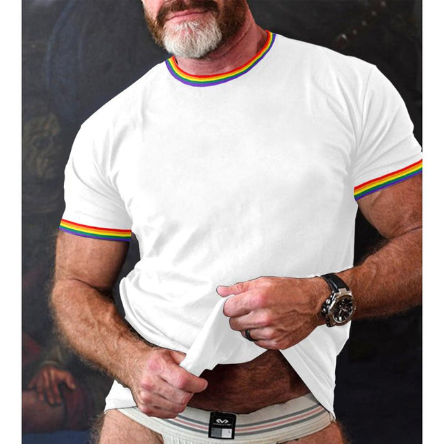 Men's T-Shirt | Rainbow Stripe Patchwork | Round Neck | Short Sleeve | Cotton Blend | Casual Comfort | Colorful Stripes | Summer & Spring Wear | Breathable Fabric | Versatile Fit | Beach & Festival Style