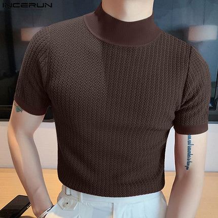Men's Slim Fit Half Turtleneck Knitted Short Sleeve Tee | Solid Color | Lightweight Layering Top | Comfortable and Stylish | Semi-Formal and Casual Wear | Fall and Winter Fashion