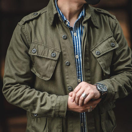 Men's Vintage Biker Jacket | Multi Pocket Cargo Style | Casual Lapel Collar | Polyester Blend | Long Sleeve | Moderate Thickness | Plain Pattern | Four Seasons | Ideal for Travel & Outdoor