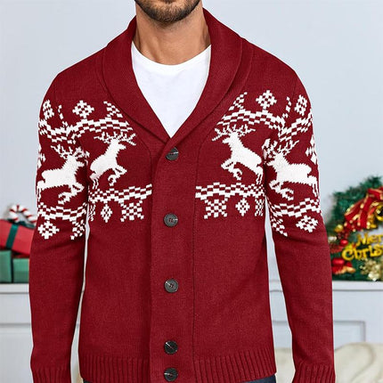Men's Elk Jacquard Knit Cardigan | Shawl Collar | Long Sleeve | Ribbed Cuffs | Soft Warm Durable Knit | Open-Front Design | Versatile Layering Piece | Fall Winter Wardrobe Essential