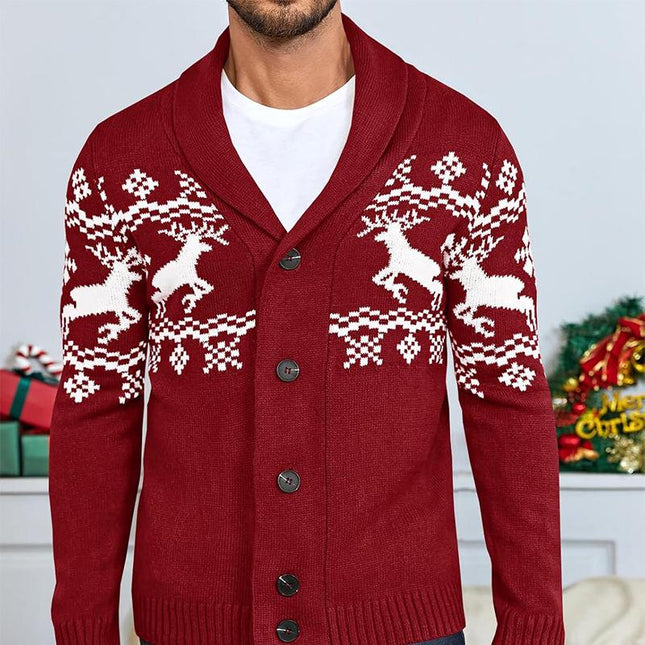Men's Elk Jacquard Knit Cardigan | Shawl Collar | Long Sleeve | Ribbed Cuffs | Soft Warm Durable Knit | Open-Front Design | Versatile Layering Piece | Fall Winter Wardrobe Essential
