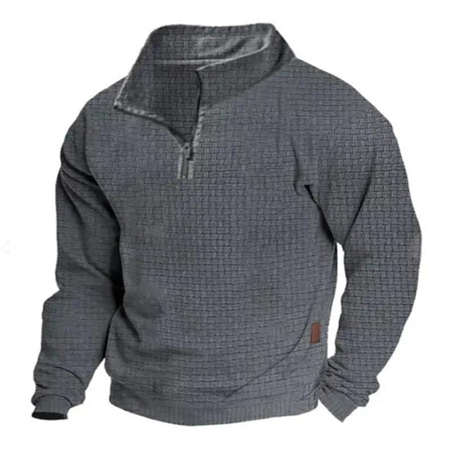 Men's Outdoor Sweatshirt | Cotton Blend Waffle Texture | Stand Collar with Zipper | Long Sleeves | Breathable & Durable | Active Fit | Ideal for Hiking & Casual Wear | Warm Layering Piece | Snug Cuffs