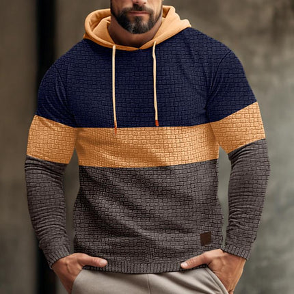 Men's Long Sleeve Hooded Sweatshirt | Color Block Pattern | Textured Waffle Fabric | Casual Comfort | Versatile Casual Wear | Cozy Hood for Warmth | Modern Design | Ideal for Spring & Autumn