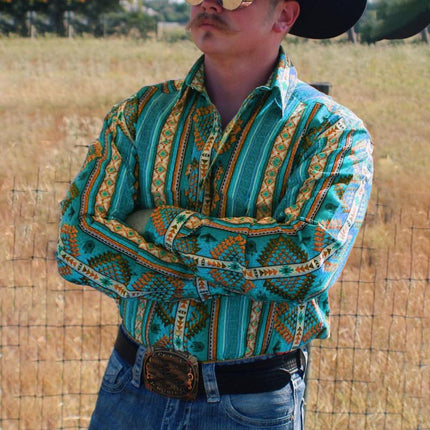 Men's Western Denim Shirt | Stripe Printed | Long Sleeve | Button Down | Snap Closures | Casual Vacation Style | Classic Blue | Breathable Cotton Blend | Ideal for Casual Outings & Vacations