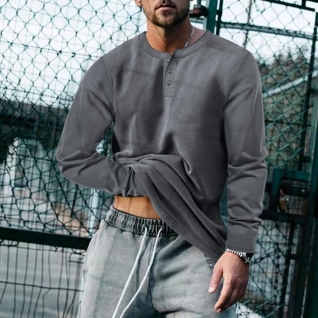 Men's Vintage Long Sleeve Henley T-Shirt | Solid Color Casual Shirt | Classic Retro Style | Regular Fit Comfortable All-Day Wear | Stylish Unique Dye | Timeless Cool Season Wear | Versatile Men's Top
