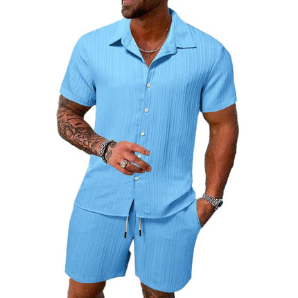 Men's Casual Set | Solid Color Striped Lapel Shirt | Short Sleeve | Tailored Shorts | Premium Fabric | Versatile Outfit | Stylish Designs | Comfortable Fit