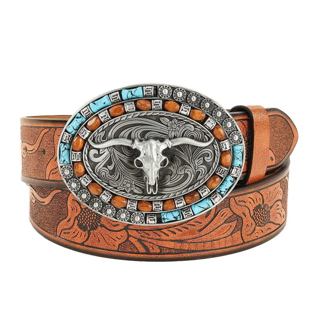 Men's Vintage Western Leather Belt | Embossed Cowhide | Classic Adjustable Buckle | Durable Construction | Rugged Charm | Casual & Formal Style | Timeless Design