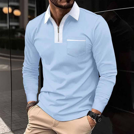 Men's Long Sleeve Polo Shirt | Color Block Design | Pocket Detail | Soft Cotton Blend | Buttoned Placket