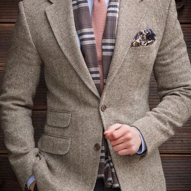 Vintage Herringbone Blazer | Lapel Multi-Pocket | Single-Breasted | Timeless Style | Classic Lapel Design | Versatile Fit | Fashionable Outerwear