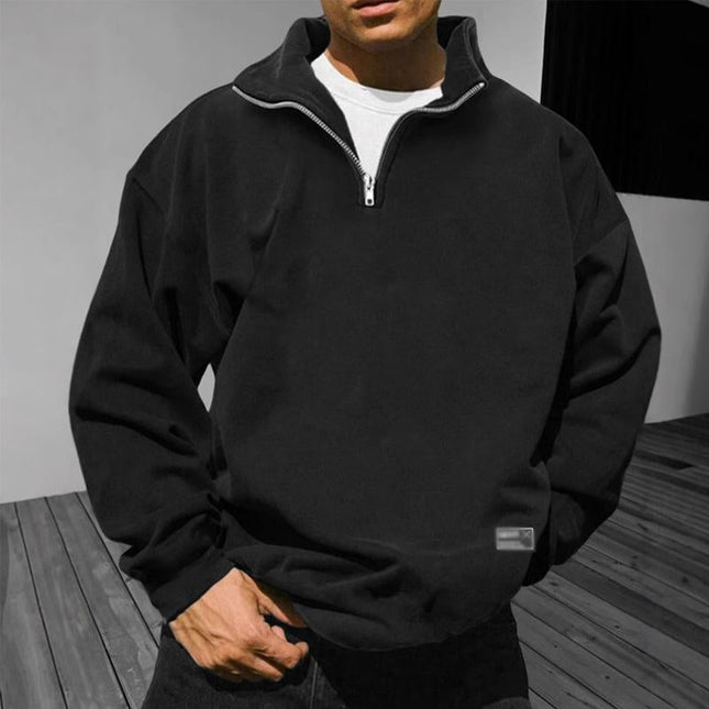 Men's Fleece Sweatshirt | Stand Collar | Long Sleeve | Casual Loose Fit | Solid Color | Soft Warm Material | Versatile Layering Top