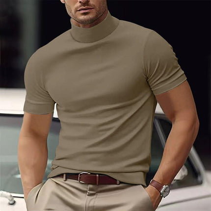Men's Slim Fit T-Shirt | Solid Color | Half Turtle Neck | Short Sleeve | Modern Casual Top | Comfortable Blend Fabric | Versatile Wardrobe Staple | Stylish Tee for Layering