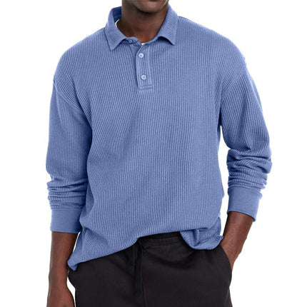 Men's Tailored Fit Polo Shirt | Solid Color | Button Lapel Collar | Long Sleeve | Cotton Blend Fabric | Casual & Semi-Formal | Versatile Styling | Breathable & Durable | Perfect for Transitional Weather