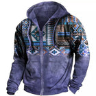 Men's Hooded Zipper Hoodie | Retro Ethnic Geometric Print | Casual Sweatshirt | Blended Fabric | Long Sleeve | Regular Fit | All Season Wear | Multiple Sizes