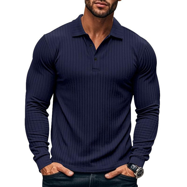 Men's Long Sleeve Polo Shirt | Casual Elastic Fit | Stretchy Fabric | Full-Length Sleeves | Classic Polo Collar | Button Placket | Available in Navy, Black, Gray, White, Burgundy | Comfortable & Versatile