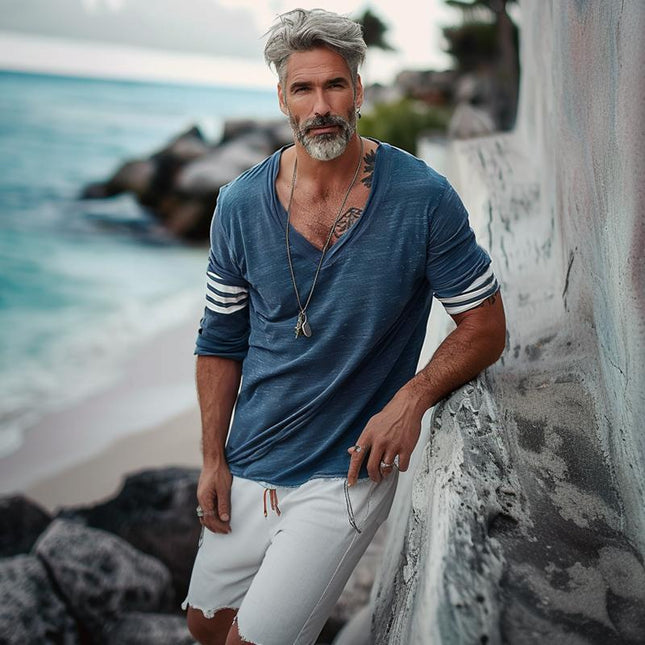Men's V-Neck Striped Patchwork T-Shirt | Loose Fit Long Sleeve Cotton Shirt | Casual Modern Style | Breathable Premium Fabric | Comfortable All-Day Wear | Trendy Design for Everyday Outfit