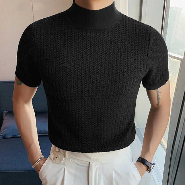 Men's Slim Fit Half Turtleneck Knitted Short Sleeve Tee | Solid Color | Lightweight Layering Top | Comfortable and Stylish | Semi-Formal and Casual Wear | Fall and Winter Fashion