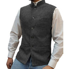 Men's Tweed Herringbone Vest | Stand Collar | Single Breasted | Elegant Vintage Style | Handmade | Soft High-Quality Fabric | Three Slip Pockets | Sophisticated Masculine Design | Formal or Casual Wear