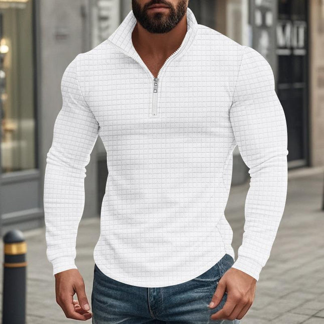 Men's Long Sleeve T-Shirt | Half-Zip Stand Collar | Small Square Pattern | Modern Style | Breathable Fabric | Comfortable Fit | Versatile Layering | Casual & Smart-Casual Wear