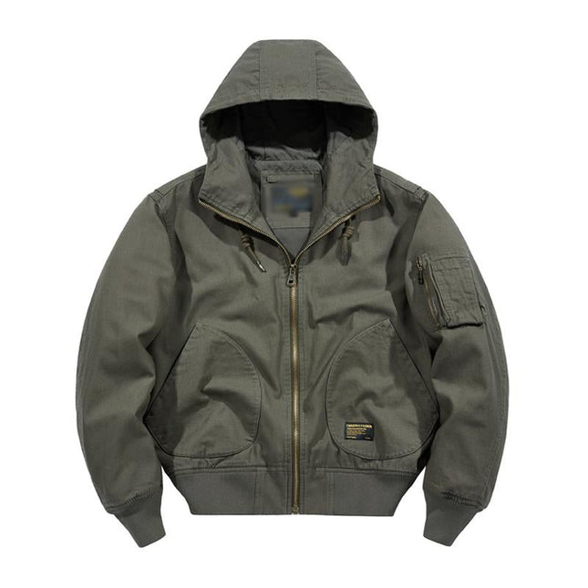 Men's Cotton Hooded Bomber Jacket | Casual Loose Fit | Zipper Closure | Adjustable Hood | Ribbed Cuffs | Breathable Fabric | Functional Pockets | Lightweight Outerwear