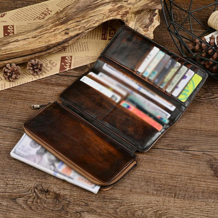 Men's Leather Wallet | Vintage Distressed Long Design | Multi-Card Slots | Genuine Leather | Slim Profile | Ample Storage | Stylish & Durable | Fits Cash & IDs | Elegant Accessory for Men