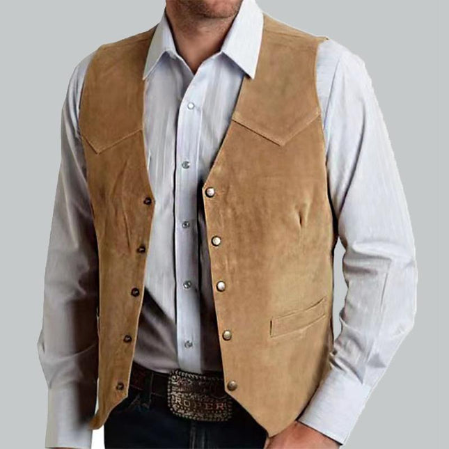 Men's Vintage Suit Vest | Casual Solid Color | Classic V-Neck | Antiqued Brass Snaps | Polyester & Viscose Blend | Two Hand Pockets | Year-Round Wear | Formal & Casual Occasions | Versatile Outerwear