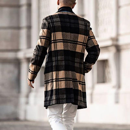 Men's Wool-Blend Mid-Length Plaid Coat | Vintage-Inspired Classic Outerwear | Stylish Notch Lapel | Warm Autumn Winter Jacket | Regular Fit | Button Closure | Long Sleeve | Timeless Fashion For Layering