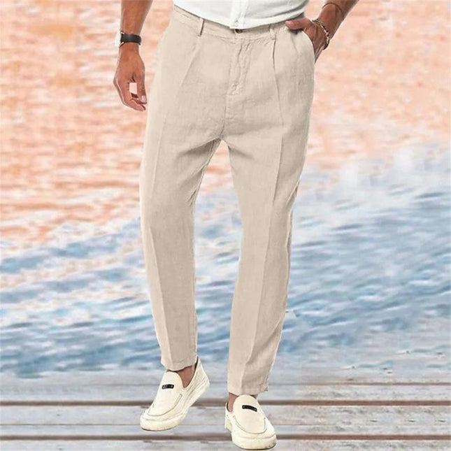 Men's Linen Pants | Outdoor Loose Straight Fit | Solid Color | Breathable Soft Fabric | Elastic Drawstring Waistband | Casual Pockets | Versatile Comfortable Style