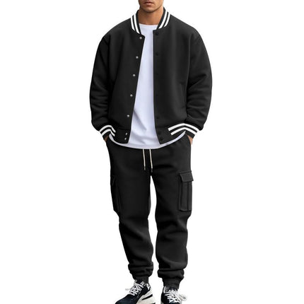 Men's Baseball Jacket Set | Stand Collar Jacket with Ribbed Detailing | Slim-Fit Trousers | Soft Breathable Fabric | Full Zip-Up | Casual Sportswear | Elastic Waist with Drawstring | Side & Back Pockets