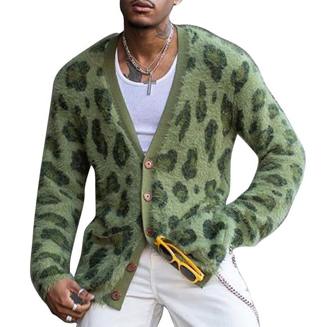 Men's Mohair Cardigan | Vintage Leopard Pattern | V-Neck | Single-Breasted Button Closure | Long Sleeve | Modern Fit | Side Pockets | Luxurious Mohair Fabric | Stylish Outerwear | S-XL Sizes
