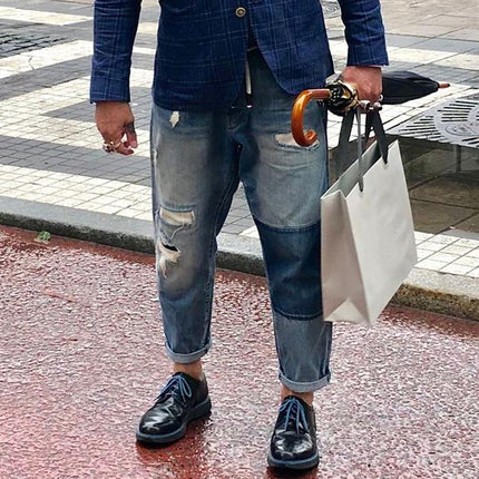 Men's Vintage Washed Distressed Patchwork Jeans | High-Quality Denim | Comfortable Fit | Stylish Rugged Look | Authentic Texture | Patchwork Detailing | Casual Everyday Wear | Button and Zipper Closure | Classic Five-Pocket Styling