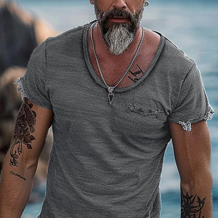 Men's Retro T-Shirt | Solid Color | Round Neck | Raw Edge Short Sleeve | Casual Fit | Vintage Inspired | Breathable Cotton | Versatile Style | Comfort All Seasons | Great with Jeans or Shorts