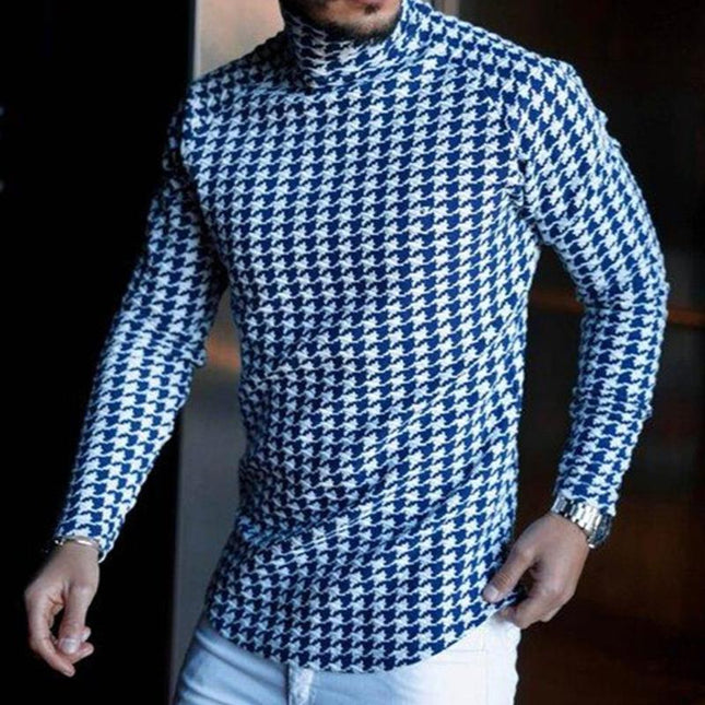 Men's Long Sleeve T-Shirt | Houndstooth Print | Casual Wear | Crew Neck | Soft Cotton Blend | Black & White | Comfortable Fit | Stylish Houndstooth Pattern | Trendy Outfit | For Office and Outings