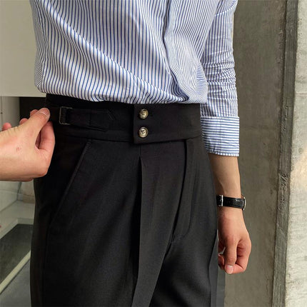 Men's British Style High Waist Straight Pants | Classic Wool Blend Trousers | Slim Fit Tailored Design | Durable Polyester & Spandex | Timeless Colors | Dry Clean Only | Versatile Formal & Casual Wear