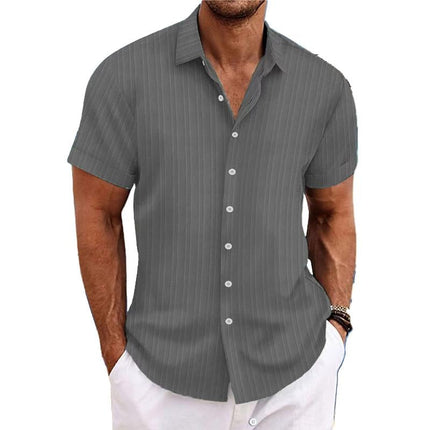 Men's Cotton Linen Blend Shirt | Stripe Print | Loose Short Sleeve | Lapel Collar | Breathable Fabric | Casual Dress Shirt
