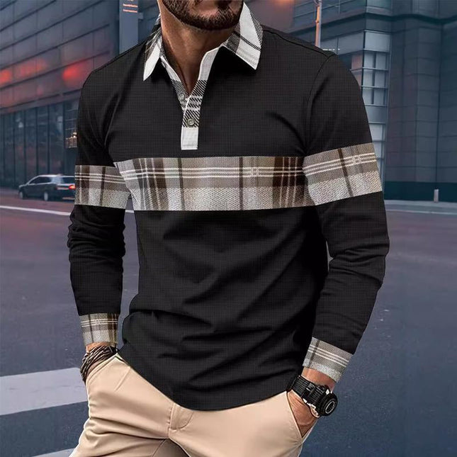 Men's Long Sleeve Waffle Polo Shirt | Casual Colorblock Design | Button-Up Front | Breathable Knit Fabric | Variety of Colors | Available in Sizes S-6XL | Perfect for All Seasons