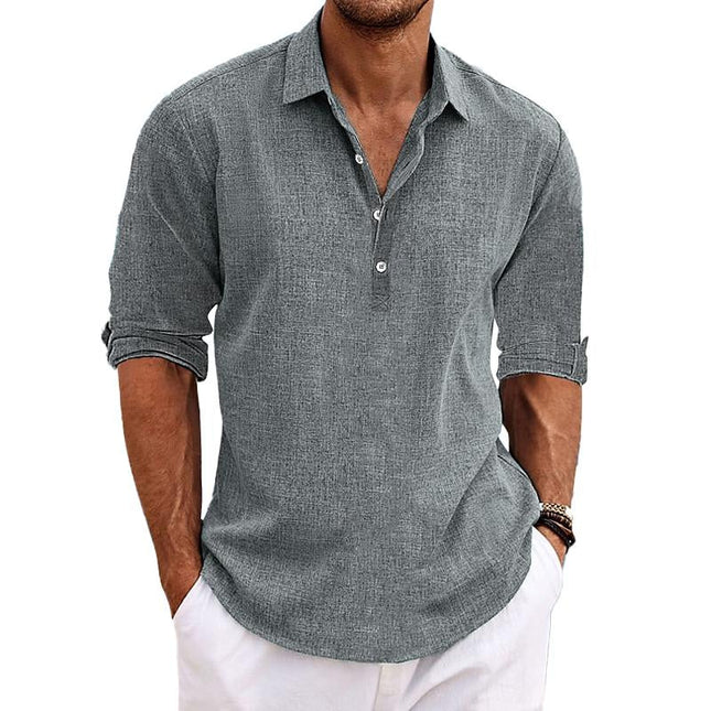 Men's Solid Color Pullover Shirt | Cotton & Linen Blend | Lapel Collar | Roll-Up Sleeves | Casual Long Sleeve Top | Breathable Fabric | Versatile Style