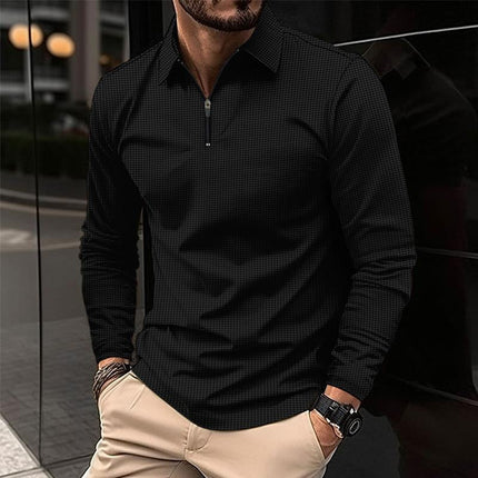 Men's Long Sleeve Waffle Knit Polo Shirt | Zipper Closure | Casual Wear | Stylish Textured Fabric | Transitional Weather Essential | Versatile Men's Top