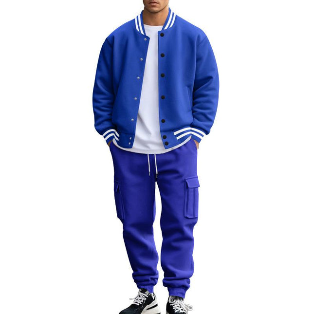 Men's Baseball Jacket Set | Stand Collar Jacket with Ribbed Detailing | Slim-Fit Trousers | Soft Breathable Fabric | Full Zip-Up | Casual Sportswear | Elastic Waist with Drawstring | Side & Back Pockets