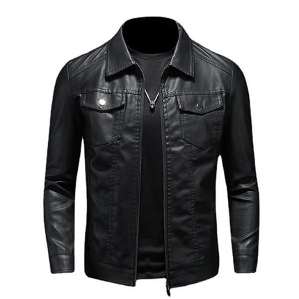 Men's Premium Leather Biker Jacket | Classic Lapel Design | Black | High-Quality Durable Material | Smooth Zippered Pockets & Cuffs | Comfortable Fit | Handcrafted for Timeless Style