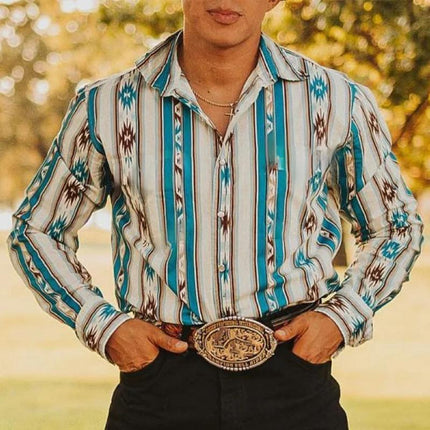 Men's Western Denim Shirt | Stripe Printed | Long Sleeve | Button Down | Snap Closures | Casual Vacation Style | Classic Blue | Breathable Cotton Blend | Ideal for Casual Outings & Vacations