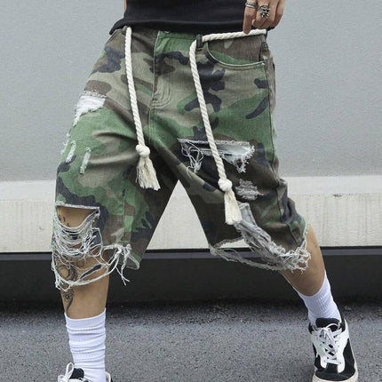 Men's Camouflage Ripped Cropped Trousers | Slim Fit | Cotton Spandex Blend | Vintage Washed | Casual Streetwear | Distressed Ankle Length Pants | Spring Summer Fall Fashion