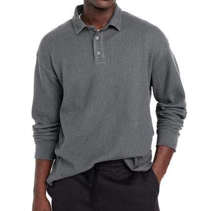 Men's Tailored Fit Polo Shirt | Solid Color | Button Lapel Collar | Long Sleeve | Cotton Blend Fabric | Casual & Semi-Formal | Versatile Styling | Breathable & Durable | Perfect for Transitional Weather