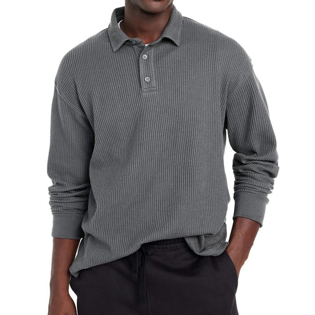 Men's Tailored Fit Polo Shirt | Solid Color | Button Lapel Collar | Long Sleeve | Cotton Blend Fabric | Casual & Semi-Formal | Versatile Styling | Breathable & Durable | Perfect for Transitional Weather