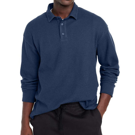 Men's Tailored Fit Polo Shirt | Solid Color | Button Lapel Collar | Long Sleeve | Cotton Blend Fabric | Casual & Semi-Formal | Versatile Styling | Breathable & Durable | Perfect for Transitional Weather