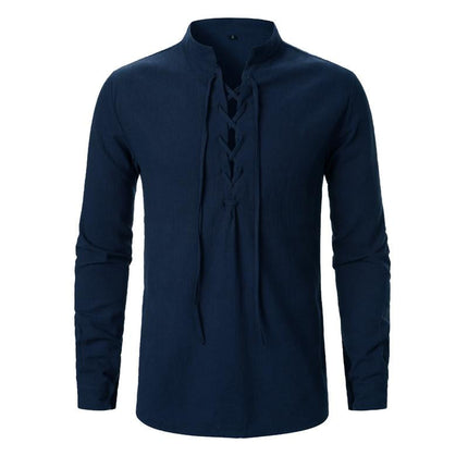 Men's Casual Long Sleeve Shirt | Cotton Linen Blend | Lace-up V-Neck | Breathable Lightweight | Relaxed Fit | Perfect for Beachwear or Travel | Comfortable and Stylish Wardrobe Essential