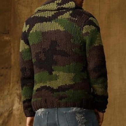 Men's Camo Jacquard Sweater Jacket | Button-Up Lapel Collar | Loose Fit | Long Sleeves | Knitted Fabric | Camouflage Pattern | Spring Autumn Winter Wardrobe Essential