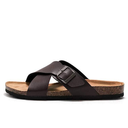 Men's Cross Strap Sandals | Soft Leather Upper | Cork Midsole | Slip-On Style | Durable EVA Outsole | Ideal for Summer Activities