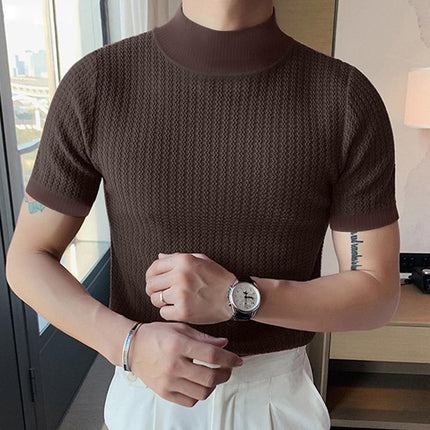 Men's Slim Fit Half Turtleneck Knitted Short Sleeve Tee | Solid Color | Lightweight Layering Top | Comfortable and Stylish | Semi-Formal and Casual Wear | Fall and Winter Fashion