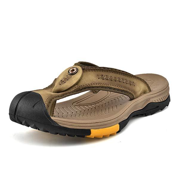 Men's Protective Toe Slip-On Flip-Flops | Vintage Leather Upper | Anti-Collision Toe Cap | Durable Rubber Outsole | Non-Slip Sole | Beach Vacation Essentials